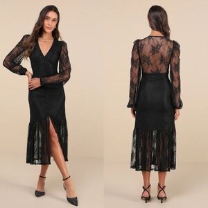 Lulus Perfect Tendencies Black Lace Button-Front Midi Dress S Wedding Party NWT